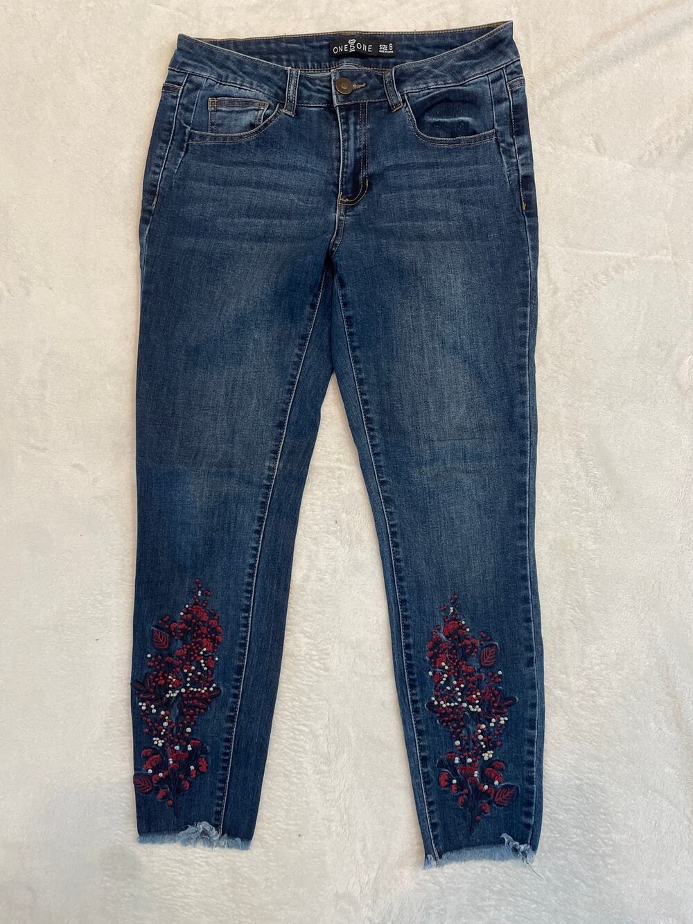 ONE 5 ONE Embroidered Skinny Jeans Blue Women's 8 Raw Hem Medium Wash Denim